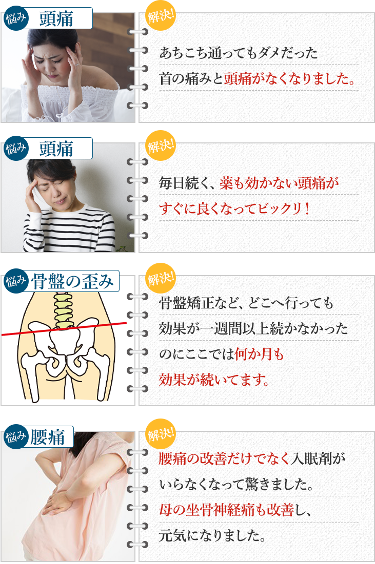 頭痛や骨盤のゆがみ、腰痛が改善しました